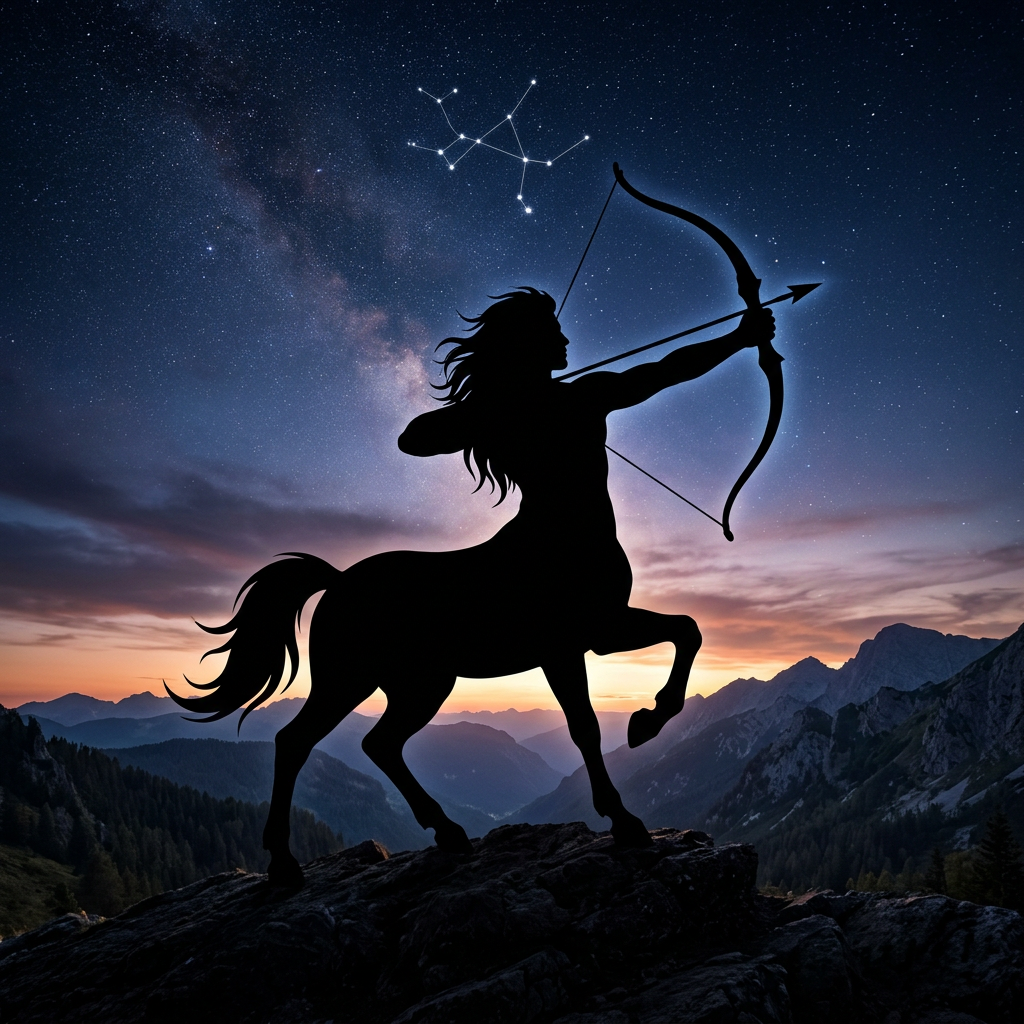 Silhouette of centaur with bow and arrow under Sagittarius constellation at sunset